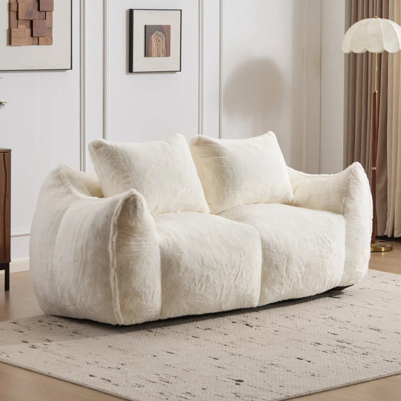 Giant Bean Bag Couch with High-Density Foam and Faux Fur Fabric, Ultra Soft Fluffy Loveseat for Adults, 75" L x 42.5" W x 28.5" H, White