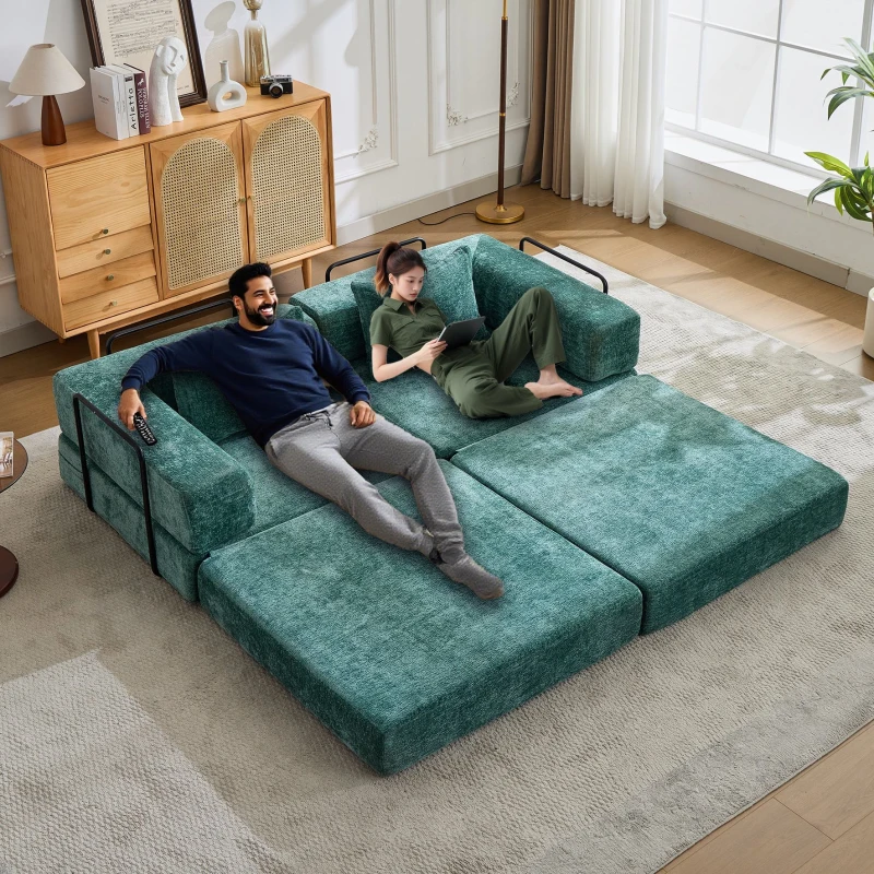 Convertible Sofa Bed Floor Sofa with Fixed-Shape Frame, Chenille Fabric Compressed Sofa for Living Room, 79" L x 39.5" W x 25" H, Dark Green