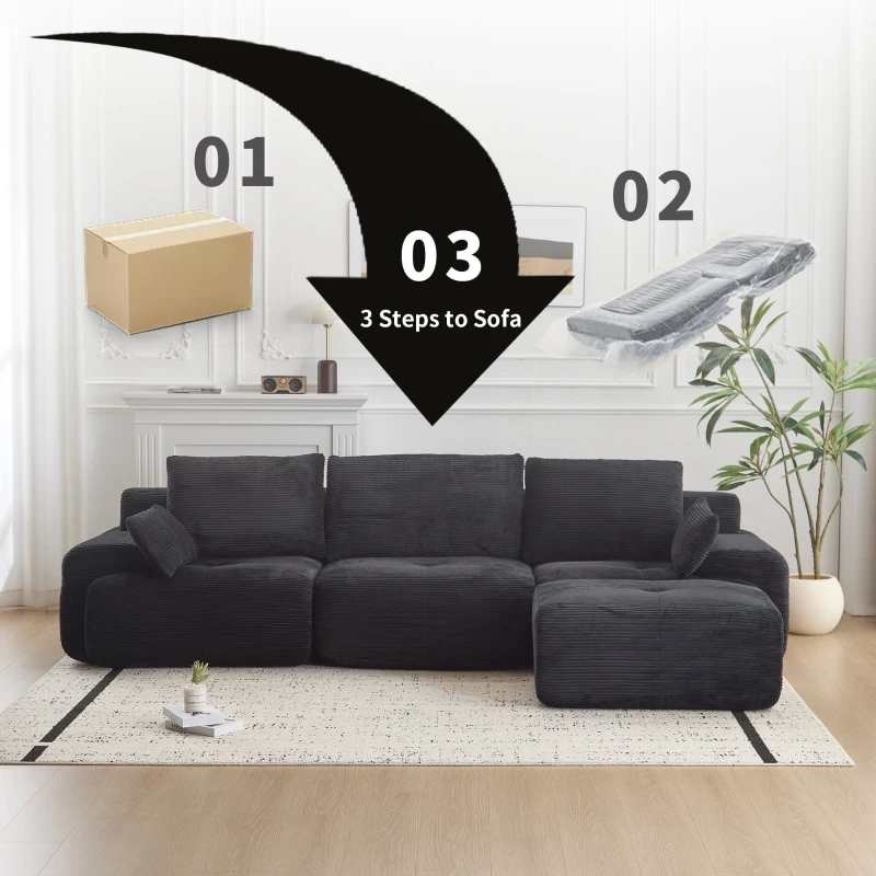 Compressed Sofa Modern Memory Foam Sectional, Pet-Friendly Corduroy Couch, Extra Deep Loveseat for Apartments, 120" L x 71" W x 28.5" H, Black