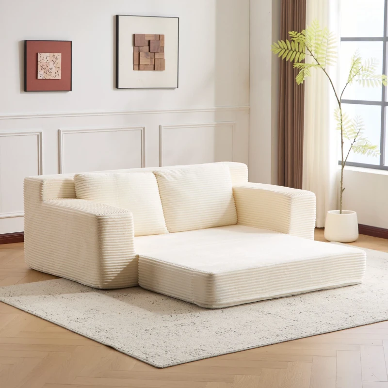 Convertible Sofa Bed Modern Loveseat with Reversible Cushion and Pillows, Compressed Sofa Corduroy Couch for Apartments, 71.5" L x 40.5" W x 25.5" H, White