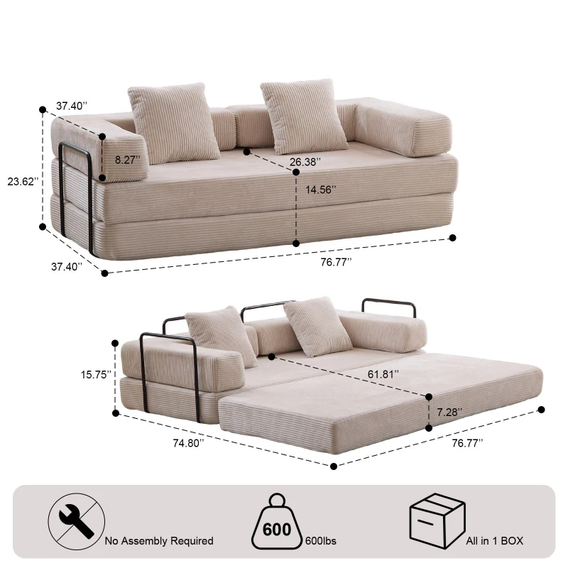 Apartment Sofa Convertible Floor Sofa Bed with Pillow Back Support and Armrest, Compressed Sofa Lounge Sleeper with Corduroy Fabric, 77'' L x 37.5'' W x 23.5'' H, Light Grey