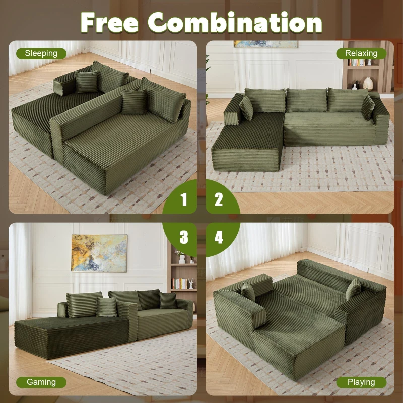 Compressed Sofa Minimalist Sectional with Comfy Chaise, Modular Oversized Sofa for Living Rooms, 110'' L x 70.5'' W x 23.5'' H, Green