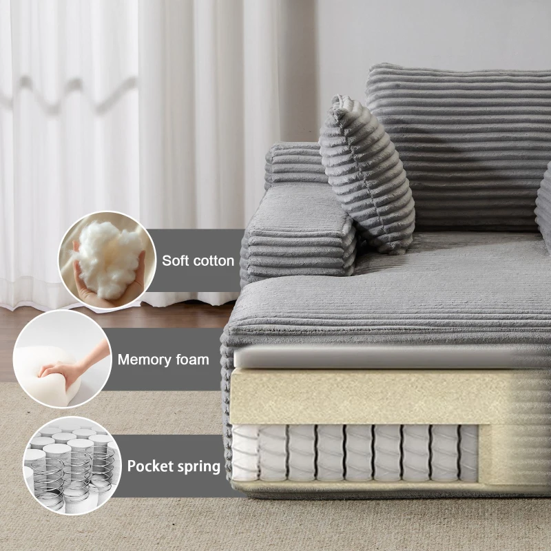 Compressed Sofa Oversized Chaise Lounge Chair with 3 Throw Pillows and Wide Armrest, Modular Sofas for Small Spaces Sleeper Sofa Daybed with Corduroy Fabric, 66'' L x 47'' W x 24'' H, Grey