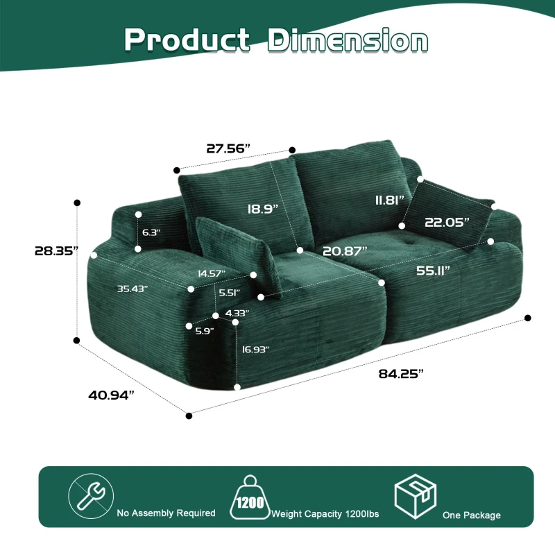 Compressed Sofa 2-Seater Modern Memory Foam Sofa with Pet-Friendly Corduroy Fabric, Two Seater Couch Sectional for Living Room, 84" L x 41" W x 28.5" H, Green