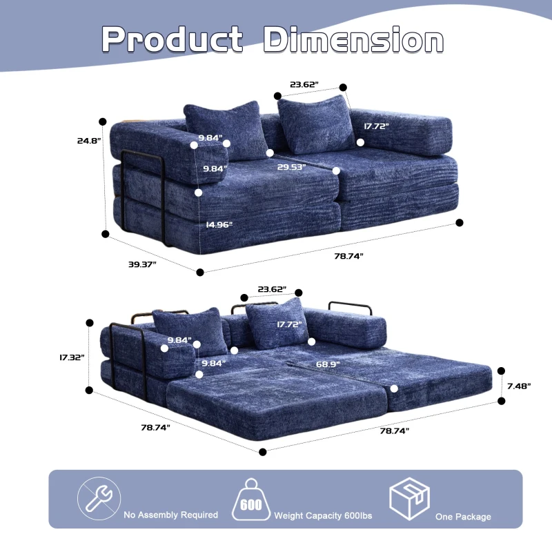 Convertible Sofa Bed Floor Sofa with Fixed-Shape Frame and Chenille Fabric, Compressed Sofa for Living Room, 79" L x 39.5" W x 25" H, Dark Blue