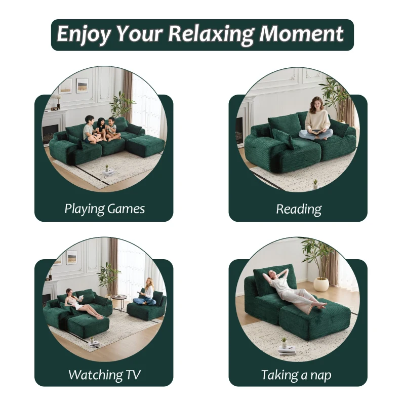 Compressed Sofa Modern Memory Foam Sectional, Pet-Friendly Corduroy Couch, Extra Deep Loveseat for Apartments, 120" L x 71" W x 28.5" H, Green