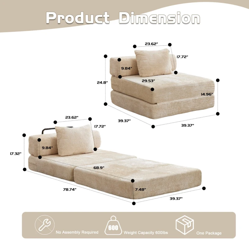 Compressed Sofa Single Seater Modular Sectional with Chenille Fabric, Modular Sofas for Small Spaces Convertible Floor Sofa Bed, 39.5" L x 39.5" W x 25" H, Beige
