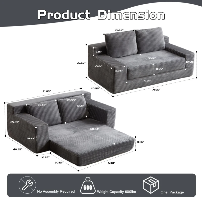 Convertible Sofa Bed Modern Loveseat with Reversible Cushion and Pillows, Compressed Sofa Corduroy Couch for Apartments, 71.5" L x 40.5" W x 25.5" H, Dark Grey
