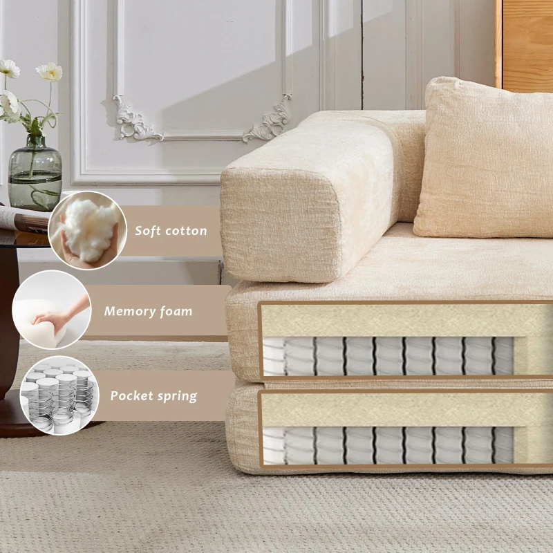 Convertible Sofa Bed Floor Sofa with Fixed-Shape Frame and Chenille Fabric, Compressed Sofa for Living Room, 79" L x 39.5" W x 25" H, Beige