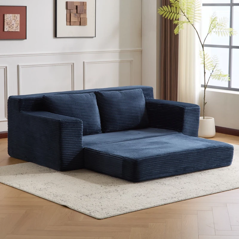 Modern Loveseat Sofa Bed with Reversible Cushion and Pillows, Corduroy Couch for Living Room, 71.5" L x 40.5" W x 25.5" H, Dark Blue