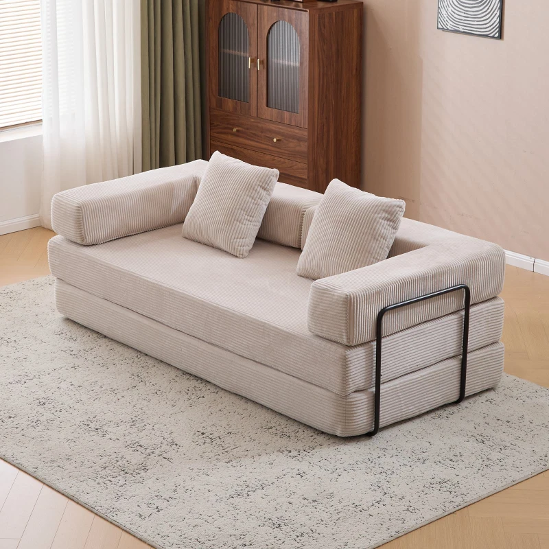 Apartment Sofa Convertible Floor Sofa Bed with Pillow Back Support and Armrest, Compressed Sofa Lounge Sleeper with Corduroy Fabric, 77'' L x 37.5'' W x 23.5'' H, Light Grey