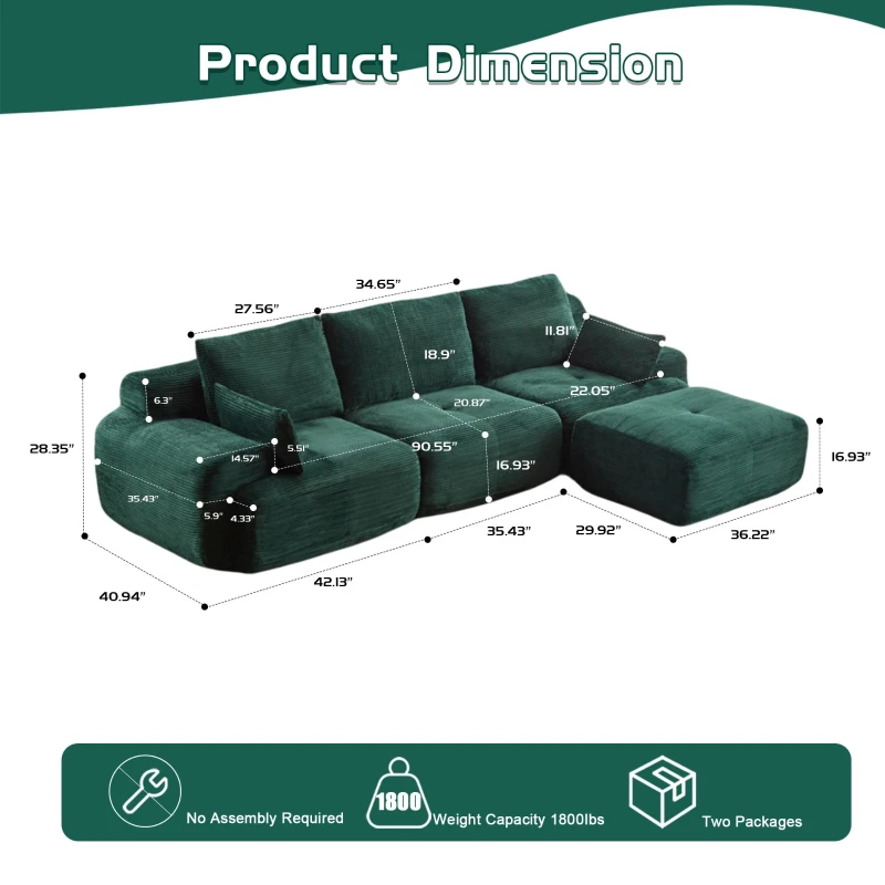 Compressed Sofa Modern Memory Foam Sectional, Pet-Friendly Corduroy Couch, Extra Deep Loveseat for Apartments, 120" L x 71" W x 28.5" H, Green