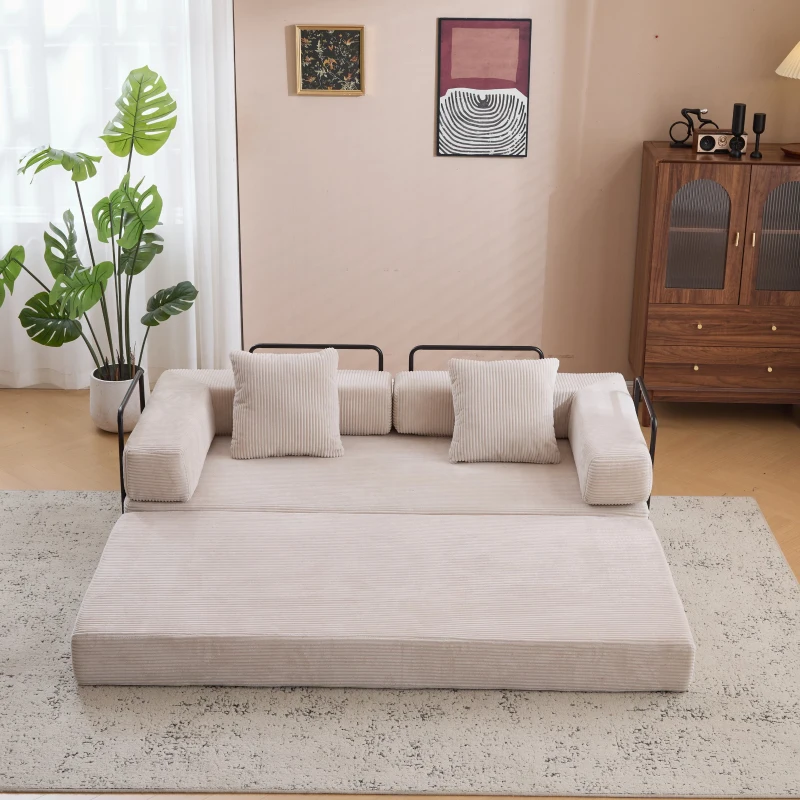 Apartment Sofa Convertible Floor Sofa Bed with Pillow Back Support and Armrest, Compressed Sofa Lounge Sleeper with Corduroy Fabric, 77'' L x 37.5'' W x 23.5'' H, Light Grey