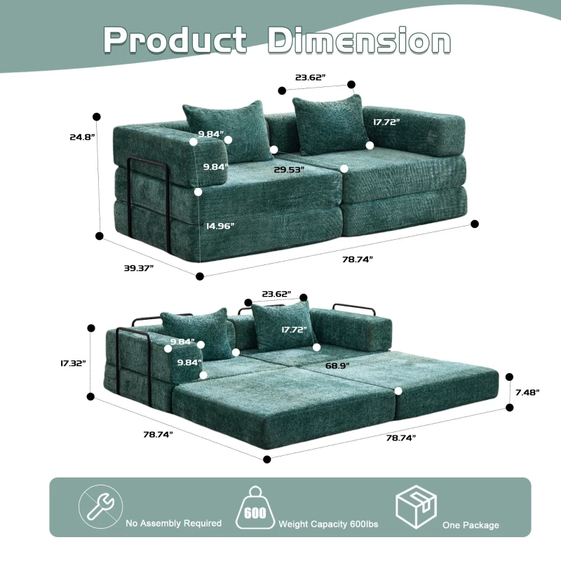 Convertible Sofa Bed Floor Sofa with Fixed-Shape Frame, Chenille Fabric Compressed Sofa for Living Room, 79" L x 39.5" W x 25" H, Dark Green