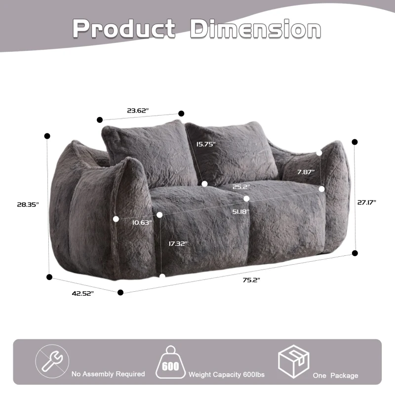 Bean Bag Sofa with High-Density Foam and Faux Fur Fabric, Compressed Sofa Oversized Fluffy Loveseat for Adults, 75" L x 42.5" W x 28.5" H, Grey