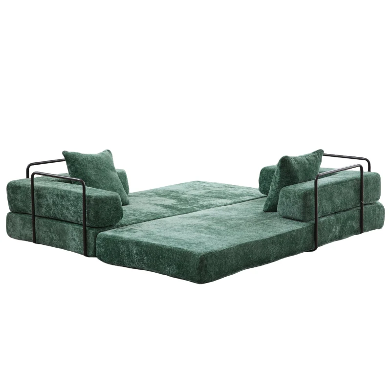 Foldable Sofa Bed Convertible Floor Sofa with Pillow Back Support and Armrest, Compressed Sofa Lounge Sleeper with Chenille Fabric, 77'' L x 37.5'' W x 23.5'' H, Dark Green