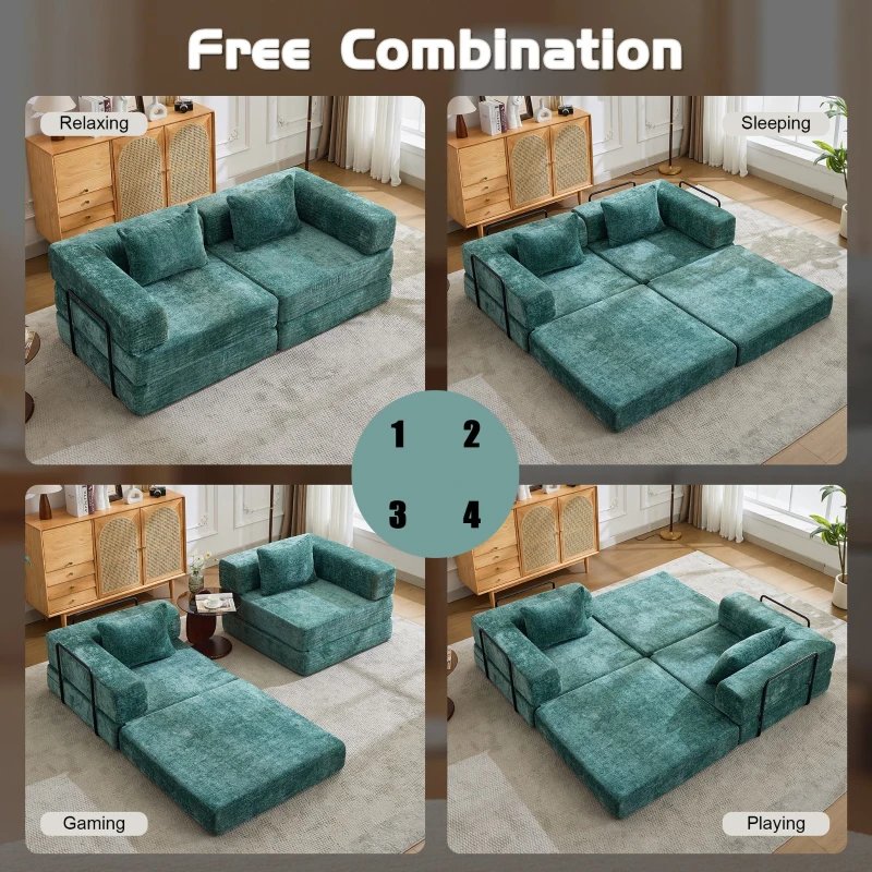 Convertible Sofa Bed Floor Sofa with Fixed-Shape Frame, Chenille Fabric Compressed Sofa for Living Room, 79" L x 39.5" W x 25" H, Dark Green