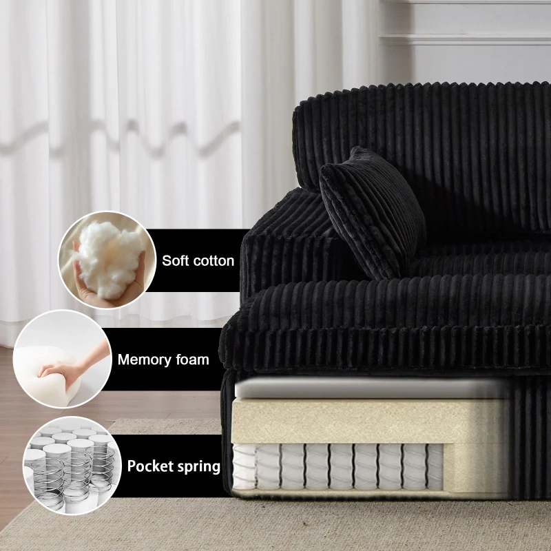 Double Chaise Lounge Chair with Deep Seat and Corduroy Fabric, Sectional Love-seat Perfect for Apartments, 82.5'' L x 57'' W x 23.5'' H, Black