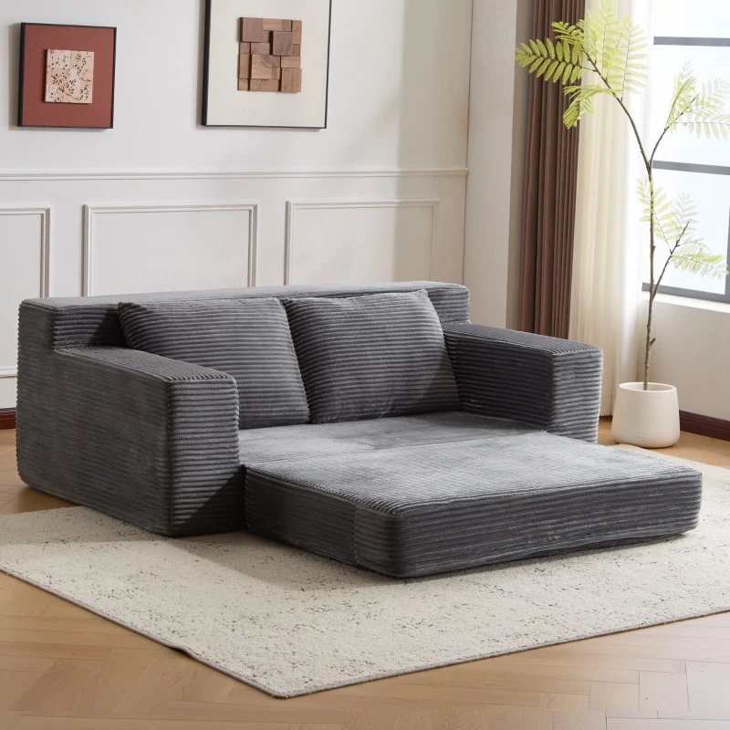 Convertible Sofa Bed Modern Loveseat with Reversible Cushion and Pillows, Compressed Sofa Corduroy Couch for Apartments, 71.5" L x 40.5" W x 25.5" H, Dark Grey