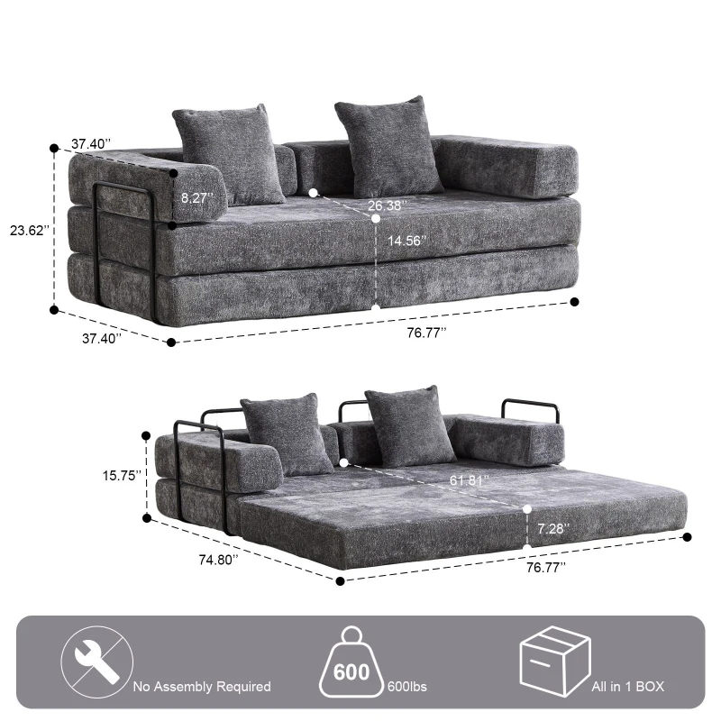 Foldable Sofa Bed Convertible Floor Sofa with Pillow Back Support and Armrest, Compressed Sofa Lounge Sleeper with Chenille Fabric, 77'' L x 37.5'' W x 23.5'' H, Dark Grey