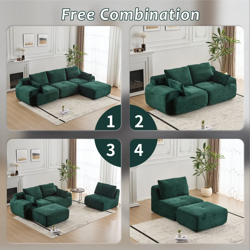 Compressed Sofa Modern Memory Foam Sectional, Pet-Friendly Corduroy Couch, Extra Deep Loveseat for Apartments, 120" L x 71" W x 28.5" H, Green