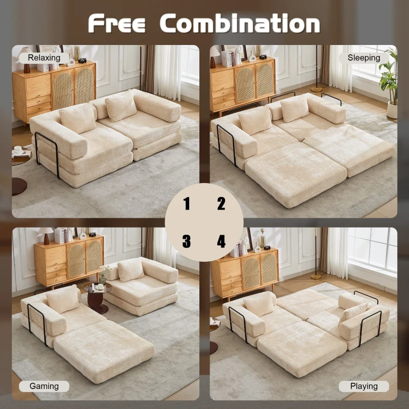 Convertible Sofa Bed Floor Sofa with Fixed-Shape Frame and Chenille Fabric, Compressed Sofa for Living Room, 79" L x 39.5" W x 25" H, Beige