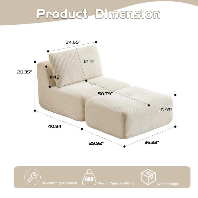 Compressed Sofa Modern Memory Foam Sectional with Pet-Friendly Corduroy Fabric, Modular Sofas for Small Spaces Single Chaise Longue for Living Room, 71" L x 36" W x 28.5" H, Beige
