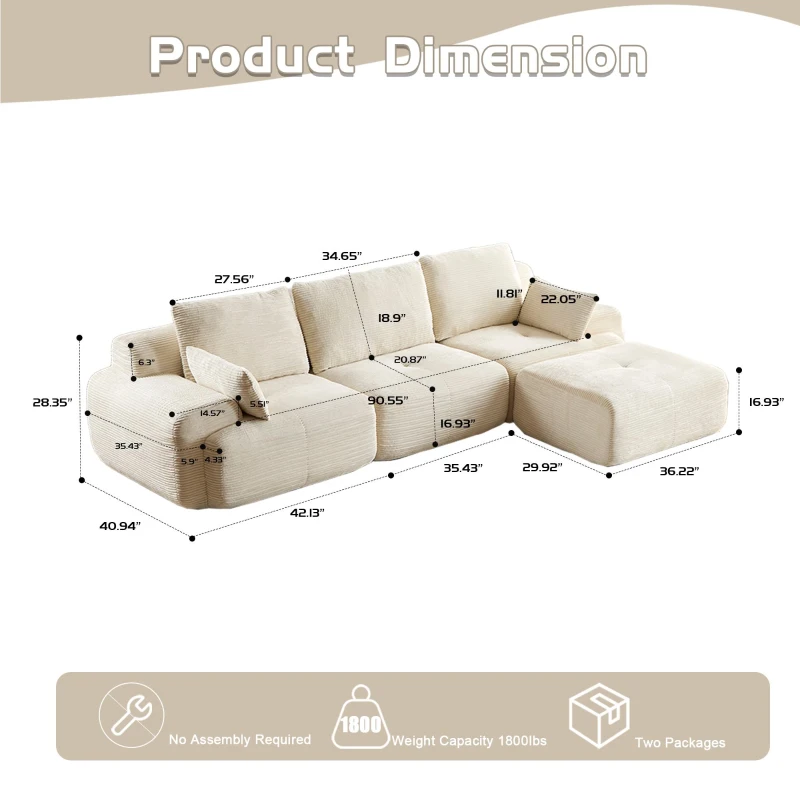 Compressed Sofa Modern Memory Foam Sectional, Pet-Friendly Corduroy Couch, Extra Deep Loveseat for Living Room, 120" L x 71" W x 28.5" H, Beige