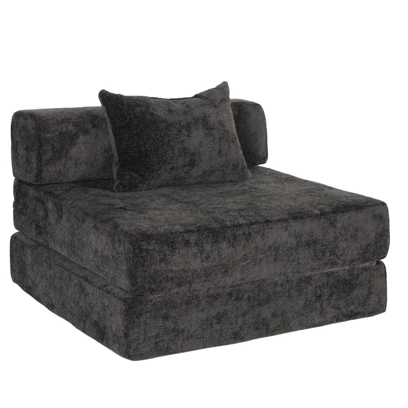 Compressed Sofa Convertible Floor Sofa Bed with Fixed-Shape Frame, Chenille Fabric, Modular Sofas for Small Spaces Single Chaise Longue for Apartments, 39.5" L x 39.5" W x 25" H, Black