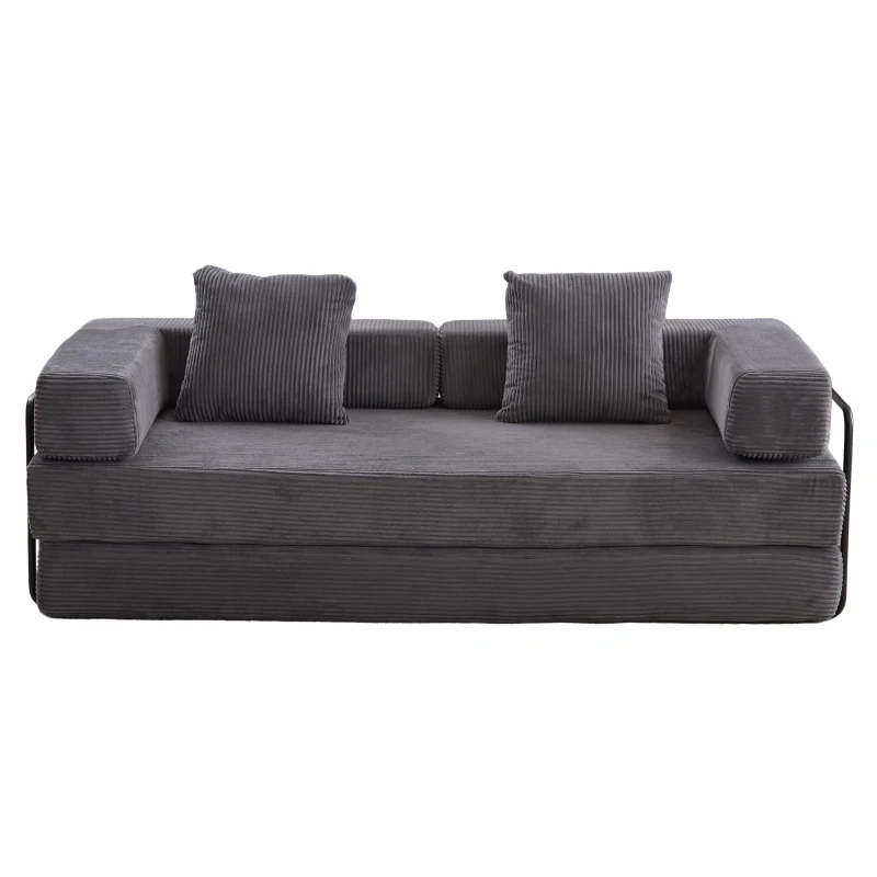Apartment Sofa Convertible Floor Sofa Bed with Pillow Back Support and Armrest, Compressed Sofa Lounge Sleeper with Corduroy Fabric, 77'' L x 37.5'' W x 23.5'' H, Dark Grey