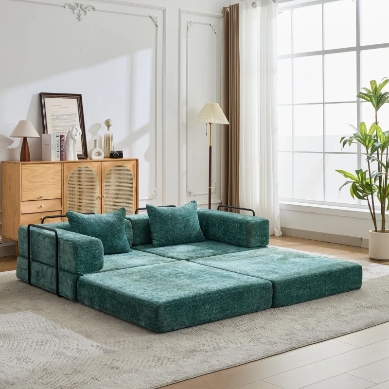 Convertible Sofa Bed Floor Sofa with Fixed-Shape Frame, Chenille Fabric Compressed Sofa for Living Room, 79" L x 39.5" W x 25" H, Dark Green