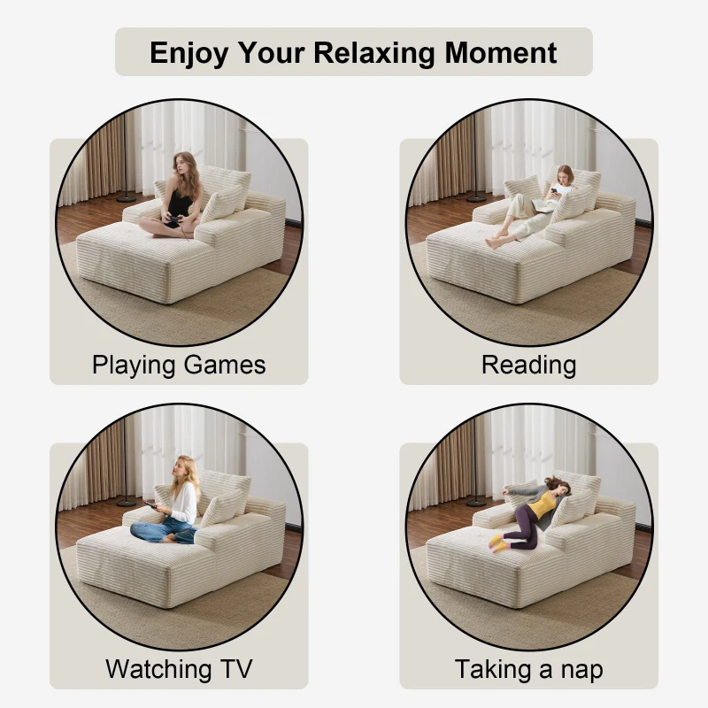 Compressed Sofa Oversized Chaise Lounge Chair with 3 Throw Pillows and Wide Armrest, Modular Sofas for Small Spaces Sleeper Sofa Daybed with Corduroy Fabric, 66'' L x 47'' W x 24'' H, White