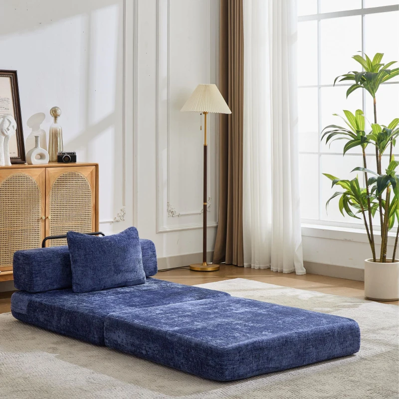 Compressed Sofa Convertible Floor Sofa Bed with Fixed-Shape Frame, Chenille Fabric, Modular Sofas for Small Spaces Single Chaise Longue for Apartments, 39.5" L x 39.5" W x 25" H, Dark Blue
