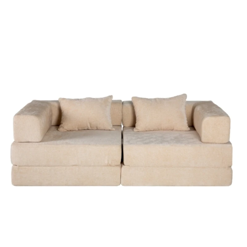 Convertible Sofa Bed Floor Sofa with Fixed-Shape Frame and Chenille Fabric, Compressed Sofa for Living Room, 79" L x 39.5" W x 25" H, Beige