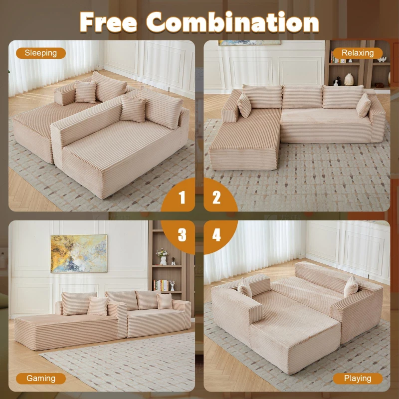 Compressed Sofa Minimalist Sectional with Comfy Chaise, Modular Oversized Sofa for Living Rooms, 110'' L x 70.5'' W x 23.5'' H, Beige