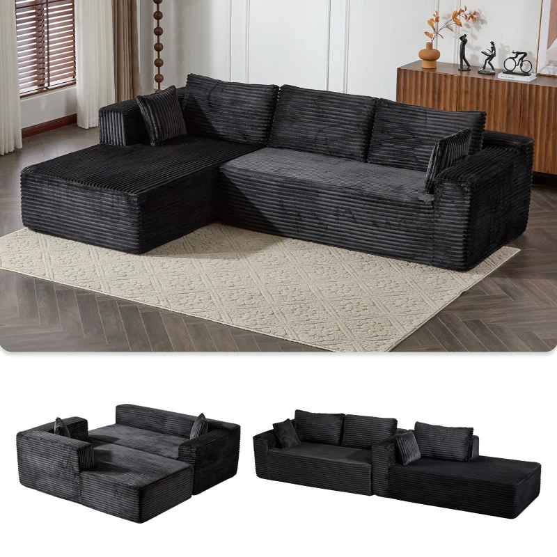 Compressed Sofa Minimalist Sectional with Comfy Chaise, Modular Oversized Sofa for Living Rooms, 110'' L x 70.5'' W x 23.5'' H, Black