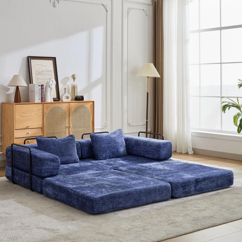 Convertible Sofa Bed Floor Sofa with Fixed-Shape Frame and Chenille Fabric, Compressed Sofa for Living Room, 79" L x 39.5" W x 25" H, Dark Blue