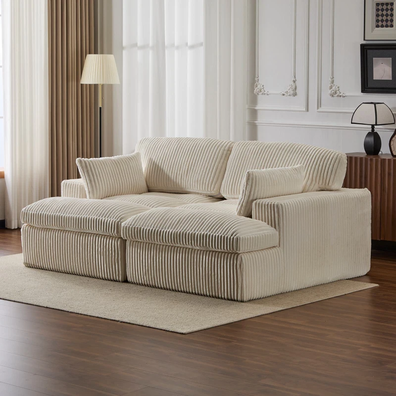 Double Chaise Lounge Chair with Deep Seat and Corduroy Fabric, Sectional Love-seat Perfect for Apartments, 82.5'' L x 57'' W x 23.5'' H, White