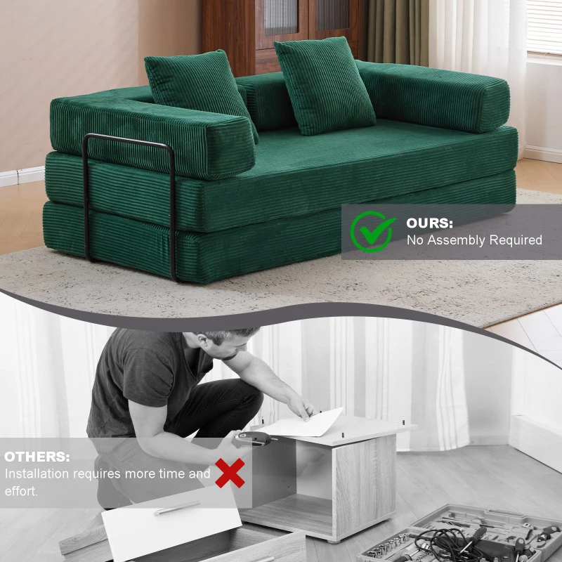 Apartment Sofa Convertible Floor Sofa Bed with Pillow Back Support and Armrest, Compressed Sofa Lounge Sleeper with Corduroy Fabric, 77'' L x 37.5'' W x 23.5'' H, Dark Green