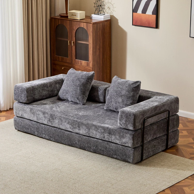 Convertible Floor Sofa Bed with Pillow Back Support and Armrest, Lounge Sleeper with Chenille Fabric, 77'' L x 37.5'' W x 23.5'' H, Dark Grey