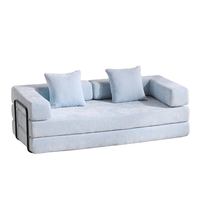 Foldable Sofa Bed Convertible Floor Sofa with Pillow Back Support and Armrest, Compressed Sofa Lounge Sleeper with Chenille Fabric, 77'' L x 37.5'' W x 23.5'' H, Light Blue