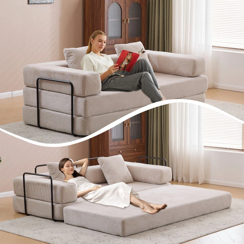 Apartment Sofa Convertible Floor Sofa Bed with Pillow Back Support and Armrest, Compressed Sofa Lounge Sleeper with Corduroy Fabric, 77'' L x 37.5'' W x 23.5'' H, Light Grey