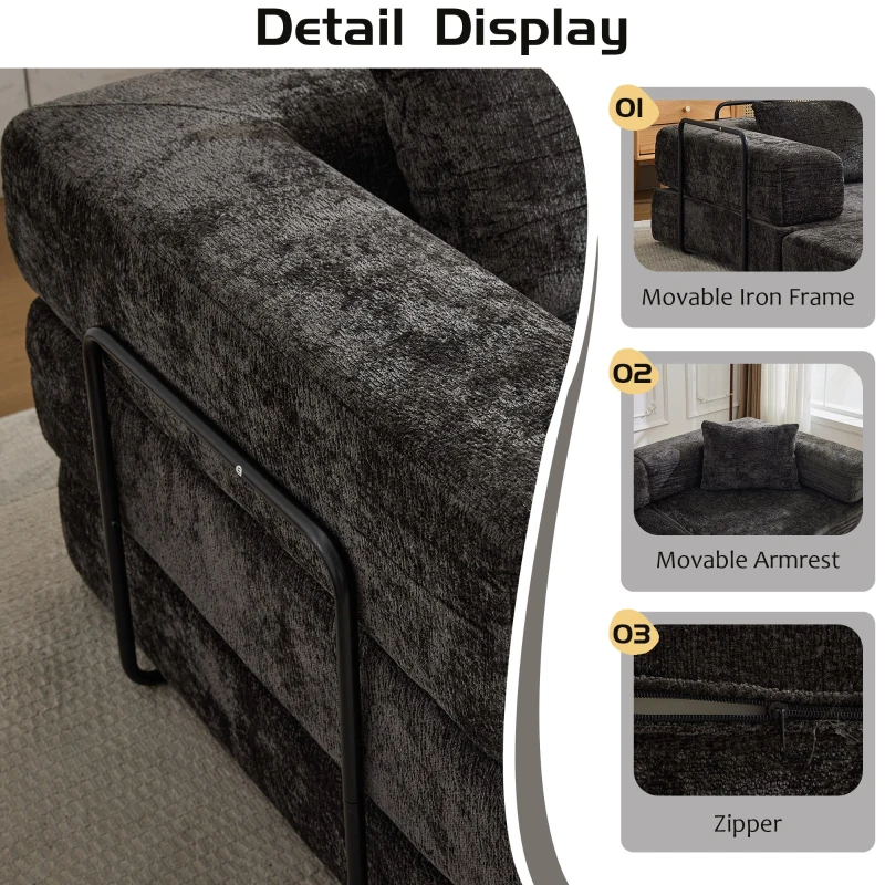 Convertible Sofa Bed Floor Sofa with Fixed-Shape Frame, Chenille Fabric Loveseat Modular Sectional for Apartments, Compressed Sofa 79" L x 39.5" W x 25" H, Black