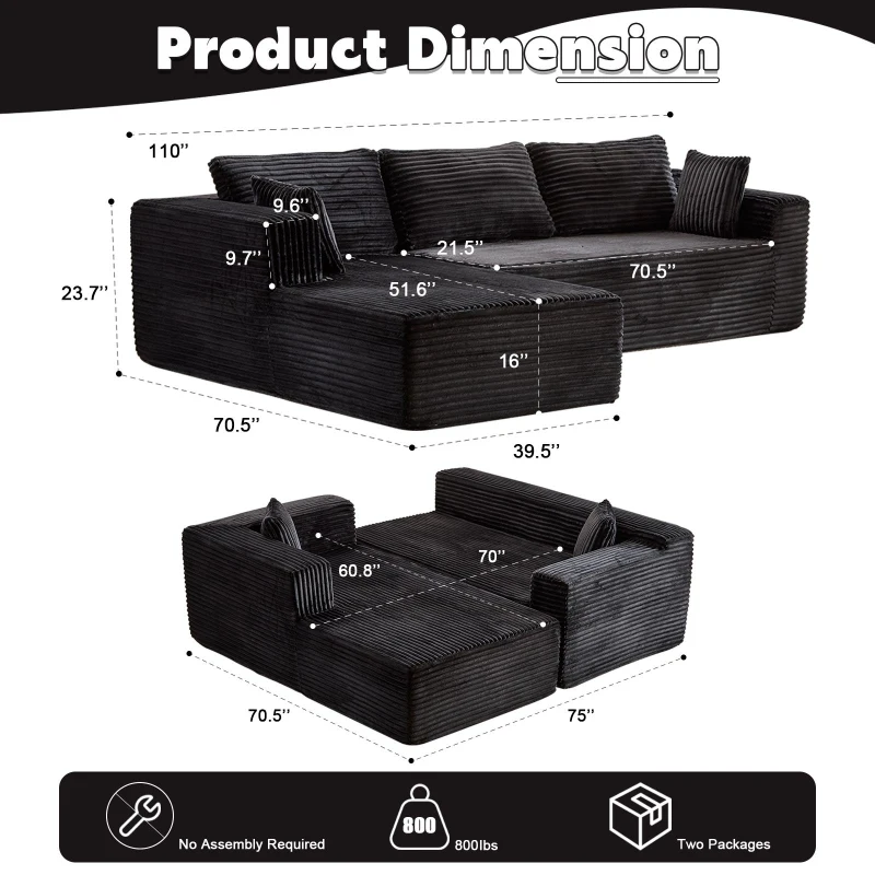 Compressed Sofa Minimalist Sectional with Comfy Chaise, Modular Oversized Sofa for Living Rooms, 110'' L x 70.5'' W x 23.5'' H, Black