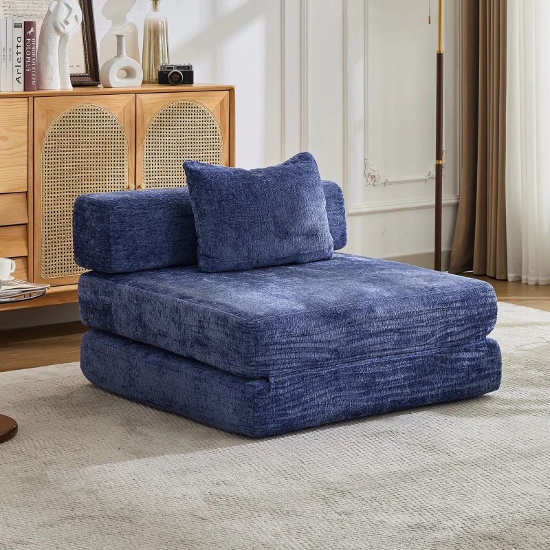 Convertible Floor Sofa Bed with Fixed-Shape Frame, Chenille Fabric, Single Chaise Longue for Apartments, 39.5" L x 39.5" W x 25" H, Dark Blue