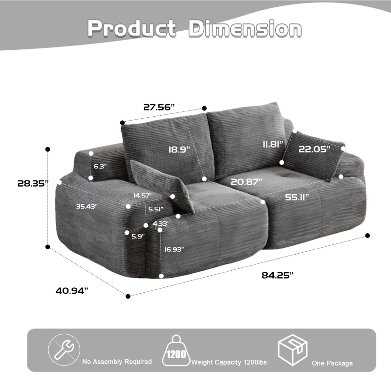 Compressed Sofa 2-Seater Modern Memory Foam Sofa with Pet-Friendly Corduroy Fabric, Two Seater Couch Sectional for Living Room, 84" L x 41" W x 28.5" H, Grey