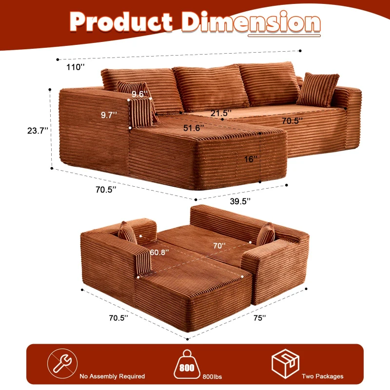 Compressed Sofa Minimalist Sectional with Comfy Chaise, Modular L Shape Sectional Couches for Living Rooms, 110'' L x 70.5'' W x 23.5'' H, Brown