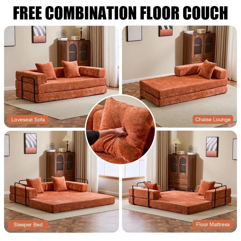 Foldable Sofa Bed Convertible Floor Sofa with Pillow Back Support and Armrest, Compressed Sofa Couch Lounge Sleeper with Chenille Fabric, 77'' L x 37.5'' W x 23.5'' H, Orange
