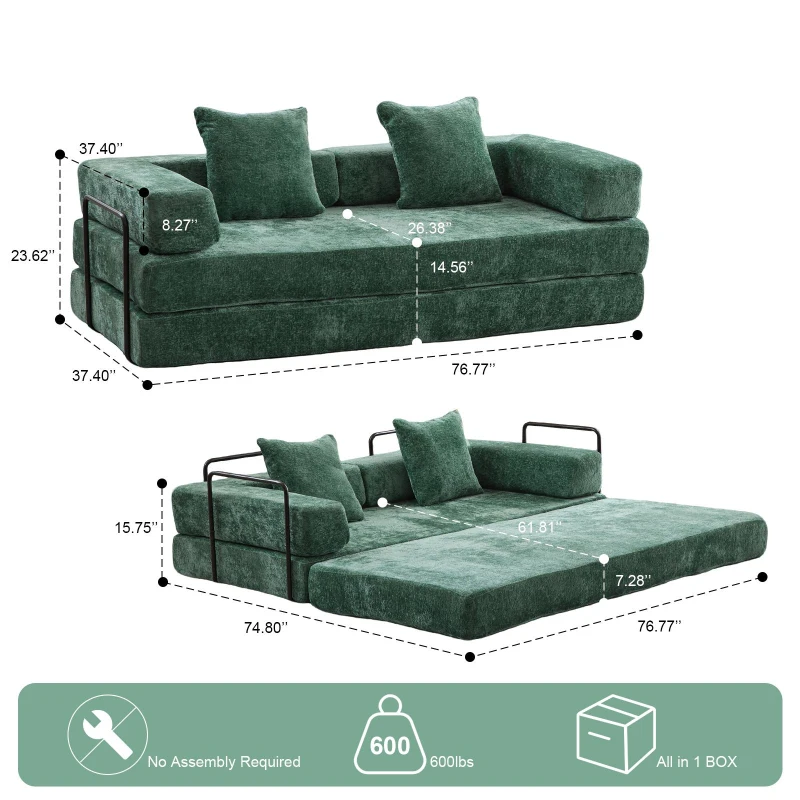 Foldable Sofa Bed Convertible Floor Sofa with Pillow Back Support and Armrest, Compressed Sofa Lounge Sleeper with Chenille Fabric, 77'' L x 37.5'' W x 23.5'' H, Dark Green