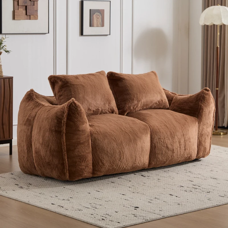 Giant Bean Bag Couch with High-Density Foam and Faux Fur Fabric, Ultra Soft Fluffy Loveseat for Adults, 75" L x 42.5" W x 28.5" H, Brown